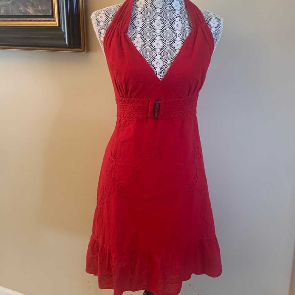 Vibrant Red Halter Dress with Embroidery